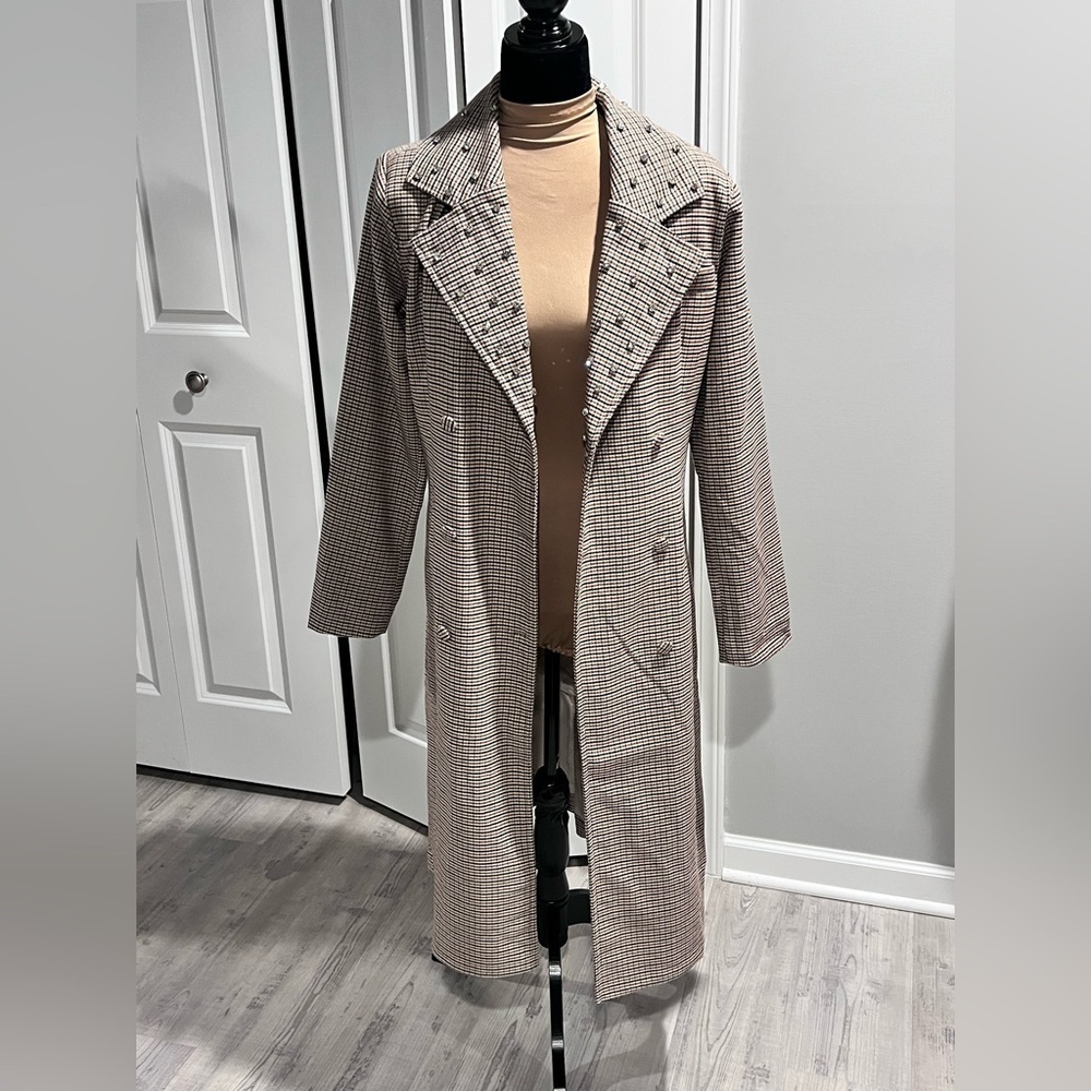 VENUS Houndstooth Longline Trench Coat Chic Neutral Plaid Jacket - Picture 12 of 12
